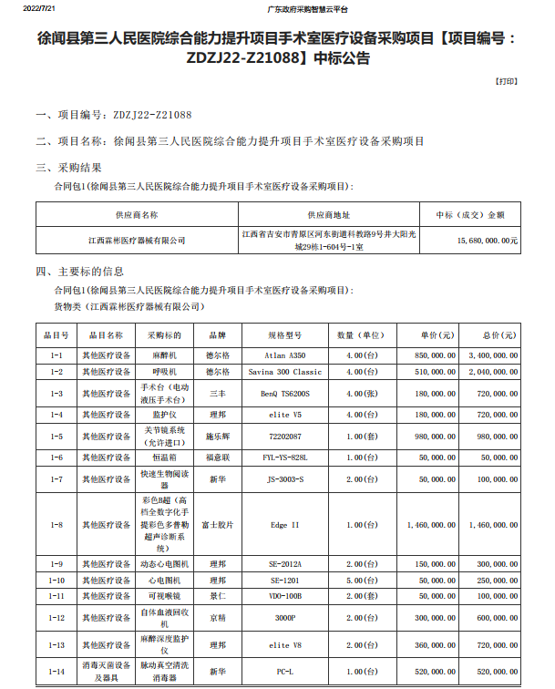 徐聞縣第三人民醫院綜合能力提升項目手術室醫療設備采購項目【項目編號： ZDZJ22-Z21088】中標公告(圖1)