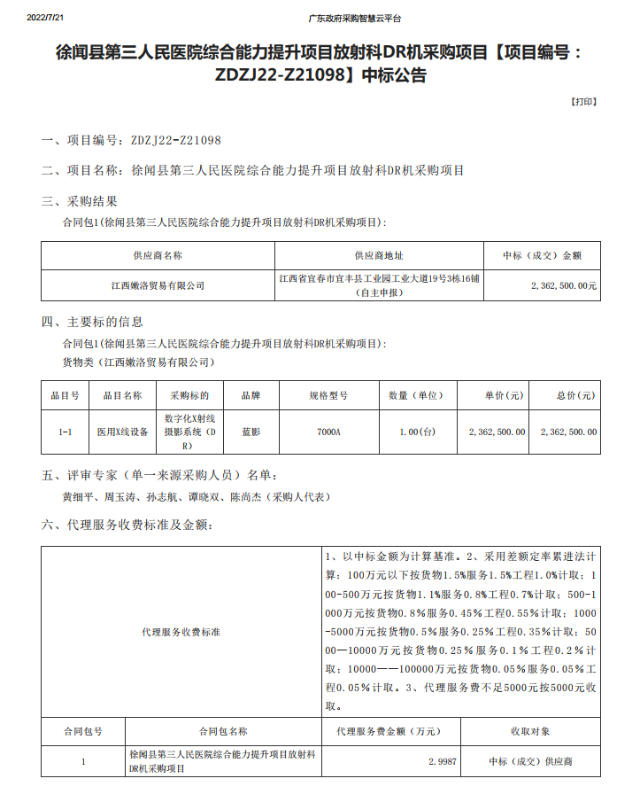 徐聞縣第三人民醫院綜合能力提升項目放射科DR機采購項目【項目編號： ZDZJ22-Z21098】中標公告(圖1)